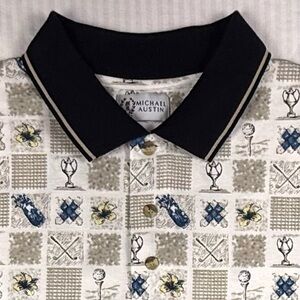 Michael Austin Polo Shirt - Black, Blue, & Cream Checkered Design Golf Motif